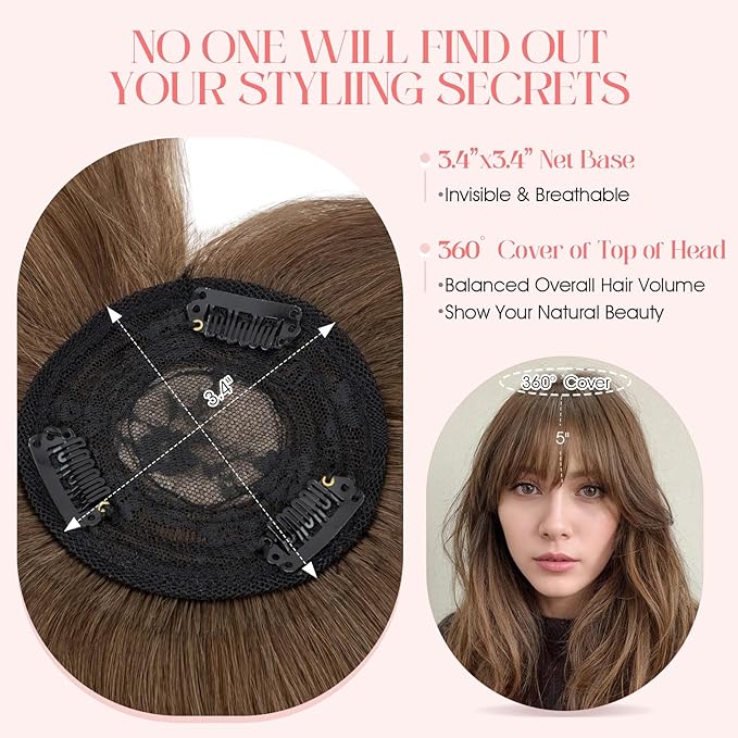 Hairro Mono Hair Toppers with Bangs, 3.4" x 3.4" Mono Base 100% Real Human Hairpieces for Women, 150% Density Clips In Topper for Greyish Thinning Hair, 16 Inch Medium Brown