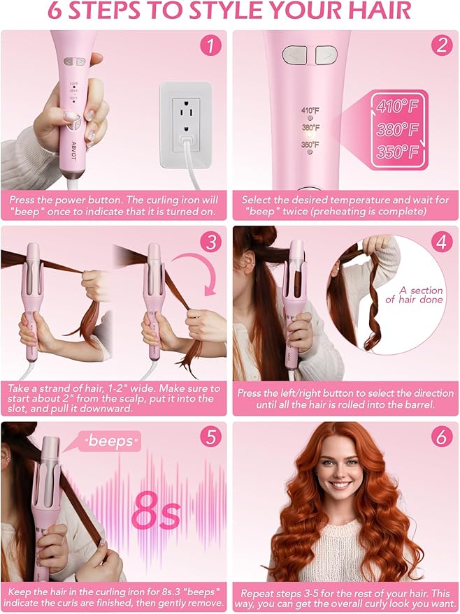 Automatic Curling Iron, HC04 Long Barrel 1.5 inch Rotating Curling Iron Wand for Womens Long Hair, Ceramic Hair Curlers with 2-Way Opening, Dual Voltage, 600M Ions for Bouncy Waves