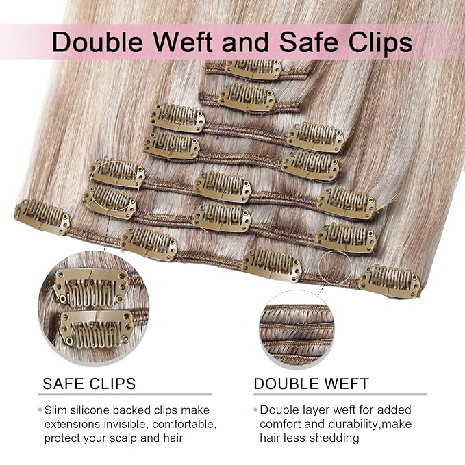 Pro2.0 Clip in Hair Extensions Real Human Hair 120g Thick 7pcs Color #18p1000 Ash Blonde with Bleach Blonde Remy Real Human Hair Extensions Clip ins 14inch Double Weft（#18P1000-14inch）