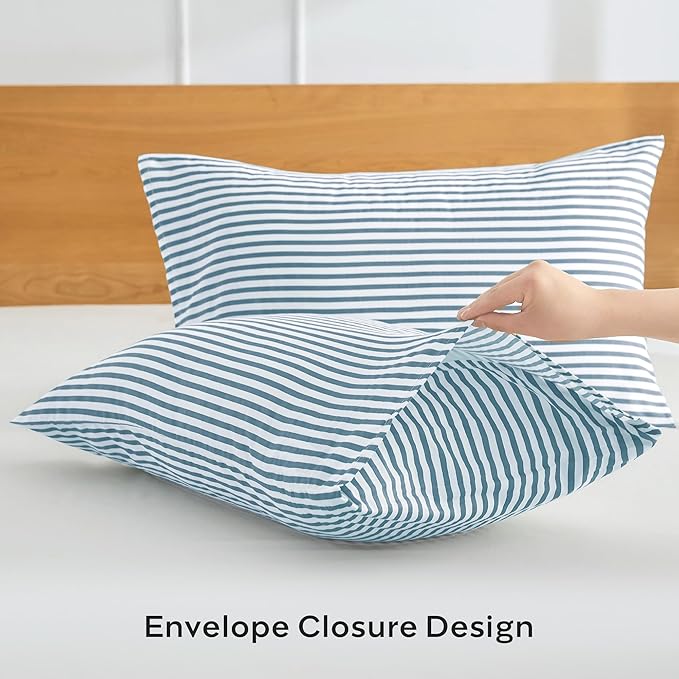 JELLYMONI 100% Natural Cotton Striped King Pillowcases Set, 2 Pack White and Grayish Blue Stripes Pattern Printed Pillow Covers with Envelope Closure(Pillows are not Included)