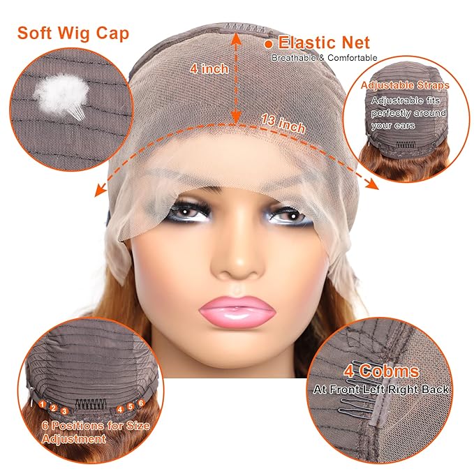 Highlight Ombre Lace Front Wig Human Hair Pre Plucked 13x4 HD Transparent 4/27 Colored Honey Blonde Lace Frontal Wigs For Women with Baby Hair 200% Density Body Wave Lace Front Wig 20 Inch
