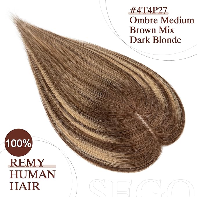 SEGO Hair Topper for Women, No Bangs Real Human Hair Topper with Anti-Slip Clips (12 Inches #4T4P27 Ombre Medium Brown Mix Dark Blonde)