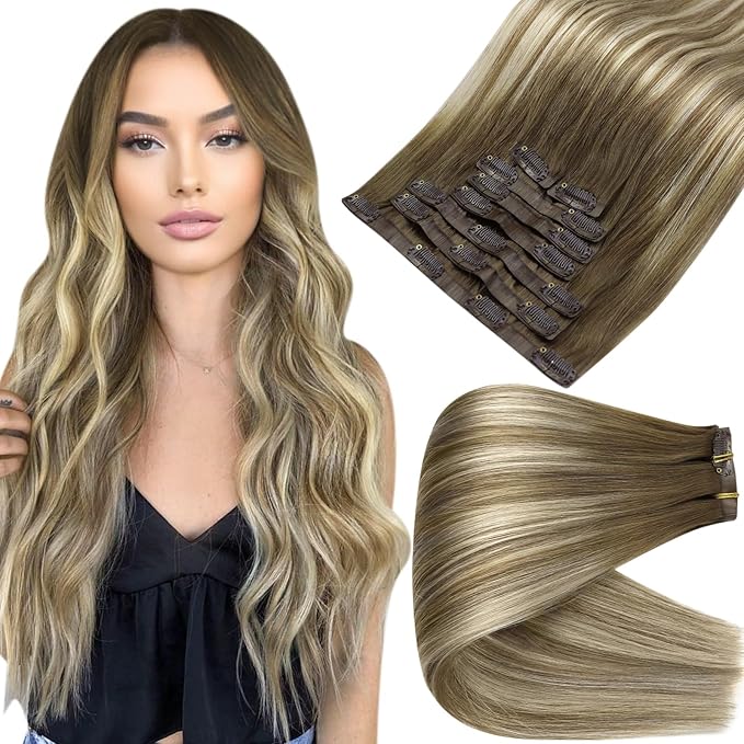 Full Shine Balayage Clip in Hair Extensions Real Human Hair Chestnut Brown to Platinum Blonde Hair Extensions Clip ins with PU Weft for Women 20 Inch 120 G 8 PCS