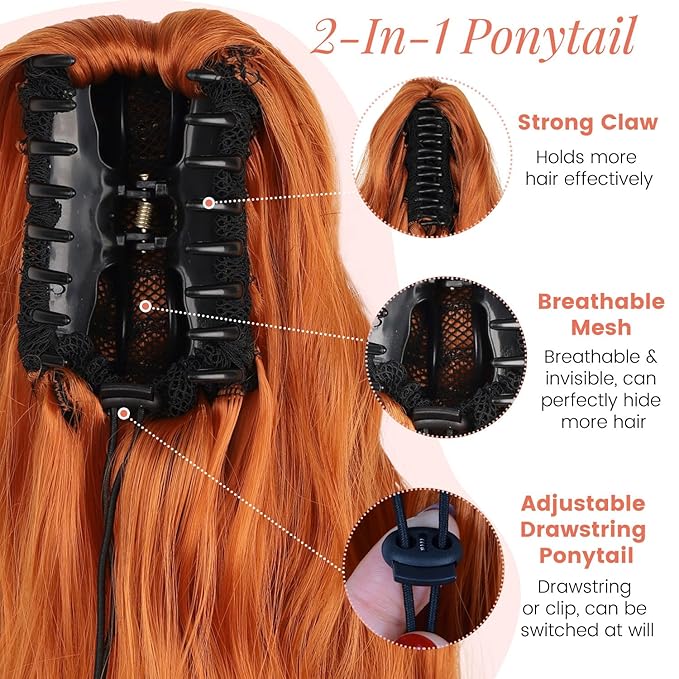 Ponytail Extension, Claw Clip Ponytail Extensions for Women Wavy Pony Tails Hair Extensions 18 Inch Clip in Ponytail Hairpiece Fluffy Natural Synthetic for Daily Use (Ginger Copper)