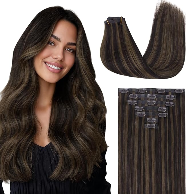 GOO GOO Clip in Hair Extensions Real Human Hair, Remy Human Hair Extensions Clip ins for Women, Natural Human Hair, 22inch 160g 7 Pcs, #2/6 Dark Brown Highlighted Chestnut Brown