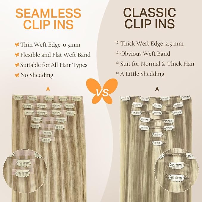 DOORES Human Hair Clip in Extensions, Light Blonde Highlighted Golden Blonde 22 Inch 110g 7pcs, Seamless Clip in Hair Extensions Real Human Hair Remy Straight Skin Weft Invisi Edge Hair Extensions