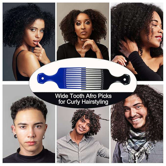 2 Pcs Hair Pick Comb Wide Tooth Lift for Hair Styling Detangling Plastic Afro Comb for Women Men (Black, Blue)