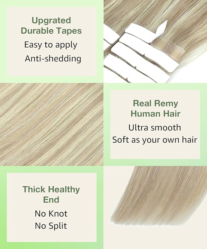 SURNEL Tape in Hair Extensions Human Hair Ash Blonde Highlight Bleach Blonde Tape in hair extensions 18 inch 20pcs 50g(#18P613-18)
