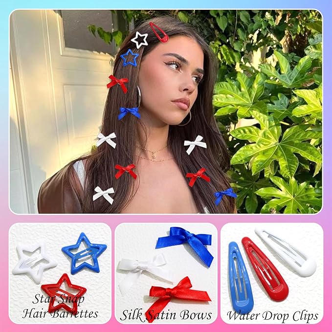 36Pcs 4th of July Red Blue White Bow Hair Clips Cheer Star Snap Hair Barrettes Water Drop No Slip Hair Clips for Women Small Hair Bows Star Bowknot Hair Accessories for Girls