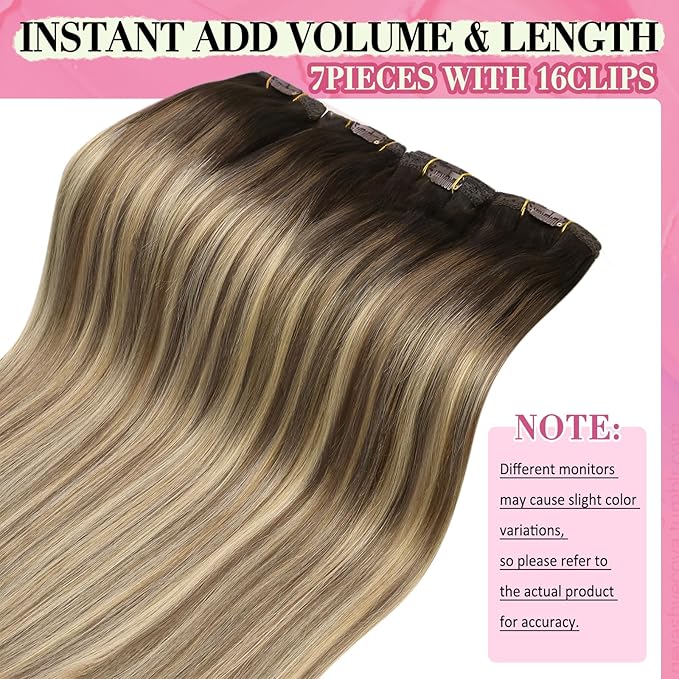 YoungSee Clip in Human Hair Extensions Brown Balayage Clip ins Real Hair Extension Darkest Roots to Medium Brown with Blonde Balayage Real Human Hair Extensions Clip ins for Women 12Inch 85G 7Pcs