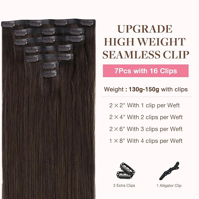 GOO GOO Clip in Hair Extensions Real Human Hair, Remy Human Hair Extensions Clip ins for Women, Natural Human Hair, 16inch 130g 7Pcs, 2A Light Brown
