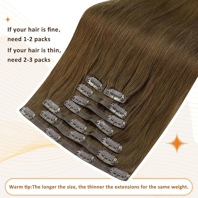 Full Shine Human Hair Clip in Extensions Brown Seamless Hair Extensions Clip ins PU Weft Medium Brown Human Hair Long Straight Hair 20 Inch 8 PCS 120 Grams