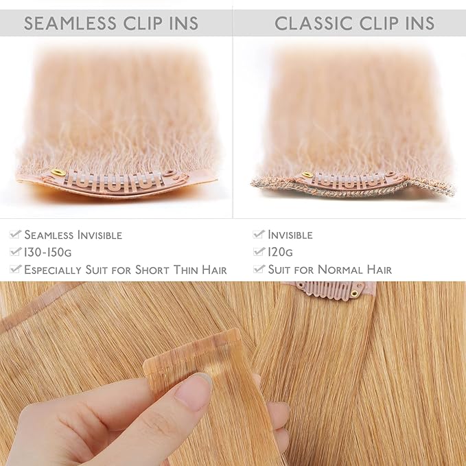 WENNALIFE Seamless Clip In Hair Extensions Human Hair, 14 Inch 130g 7pcs Strawberry Blonde Real Hair Extensions Clip in Human Hair Invisible PU Skin Weft Natural Remy Human Hair Extensions