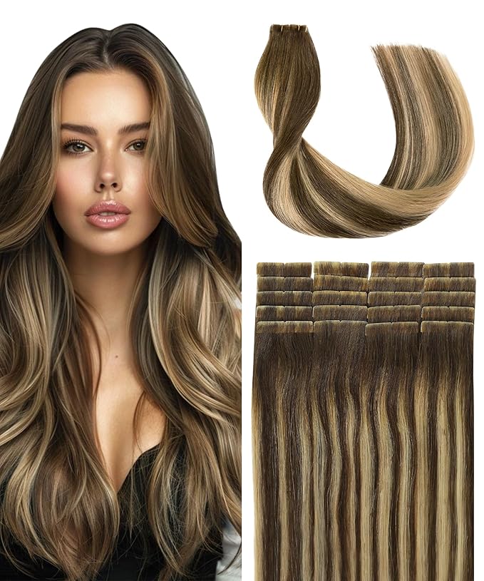 SURNEL Injected Tape in Hair Extensions 14 Inch Chocolate Brown to Caramel Blonde Seamless Invisible Tape in Extensions Human Hair 20 Pcs 30g(#4274,14)