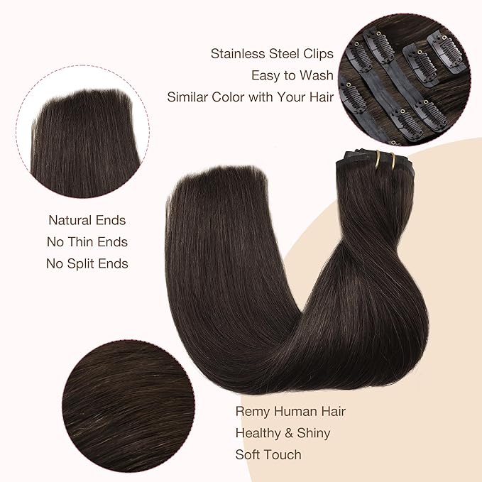 GOO GOO Clip in Hair Extensions Real Human Hair, Remy Human Hair Extensions Clip ins for Women, Natural Human Hair, 20inch 110g 7Pcs, 2A Light Brown