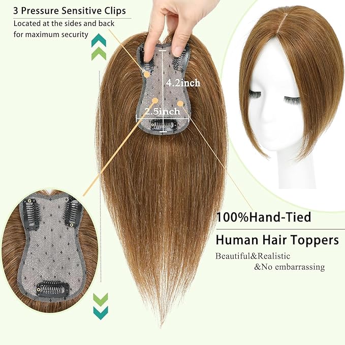 Hair Toppers for Women Real Human Hair, 360°3D Bangs Clip Human Toppers for Women with Thinning hair Realistic Scalp Line (Light Brown, 3D Side Bangs (11 * 7))