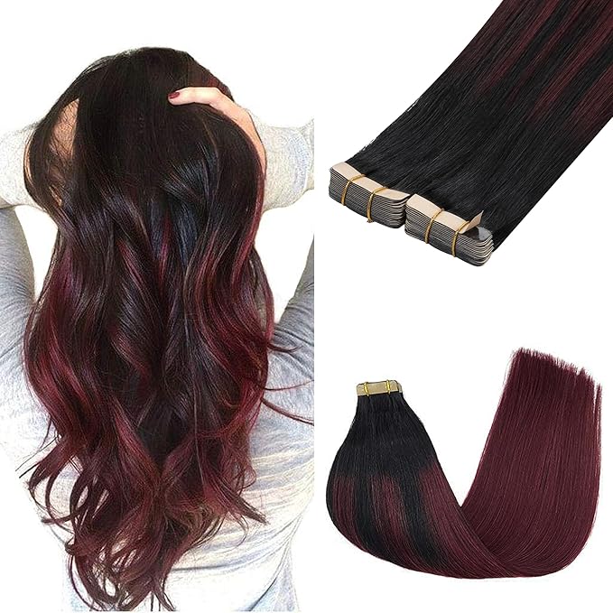 GOO GOO Tape in Hair Extensions Human Hair, 1/99 Balayage Jet Black to Red, 24inch 100g 40pcs, Skin Weft Seamless Invisible, Silky Straight with Thick Ends, Remy Human Hair
