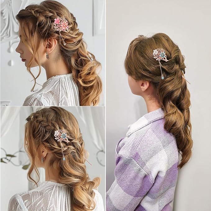 2 Pcs Chinese Hair Sticks, Rhinestone Flower Stick Retro Tassel Hair Pin Chinese Hair Chopsticks Vintage Hairpin Set for Women Wedding Accessories