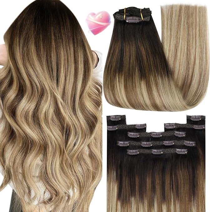 YoungSee Clip in Human Hair Extensions Brown Balayage Clip ins Real Hair Extension Darkest Roots to Medium Brown with Blonde Balayage Real Human Hair Extensions Clip ins for Women 12Inch 85G 7Pcs