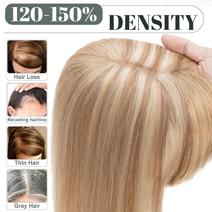 SEGO Hair Toppers for Women Real Human Hair with Thinning Hair, Hair Pieces Clip in Toppers Straight Hair Pieces with Front Bangs -10 Inch #12/613 Golden Brown Mix Bleach Blonde