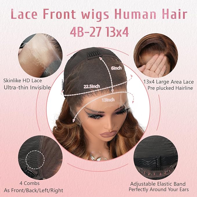 4/27 Highlight Ombre Body Wave Human Hair 13x4 Full Frontal Lace Wig Skinlike HD Lace Wig 0.1mm Ultra-thin Invisible Bleached Tiny Knots with Hairline Honey Blonde Balayage 200% Density Glueless Wig