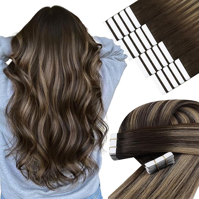 YoungSee Tape in Hair Extensions Real Human Hair Brown Balayage Tape in Hair Extensions Ombre Dark Brown to Caramel Blonde Human Hair Tape-in Extension Seamless 14In 20pcs 50g for Wedding