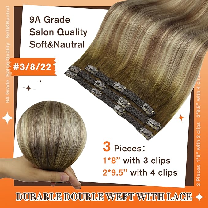 Full Shine Ombre Hair Extensions Clip in Human Hair Dark Brown Roots Ash Brown Mix Medium Blonde Lace Weft Clip in Hair Extension for Women 18 Inch 3 PCS 60 G