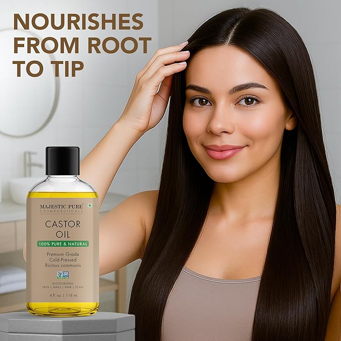 Majestic Pure Castor Oil with Applicator - 100% Pure & Natural - Premium Grade, Cold Pressed, Hexane Free - Hair, Eyelashes, Eyebrows, Nails - Moisturizing & Nourishing - 4 Fl Oz