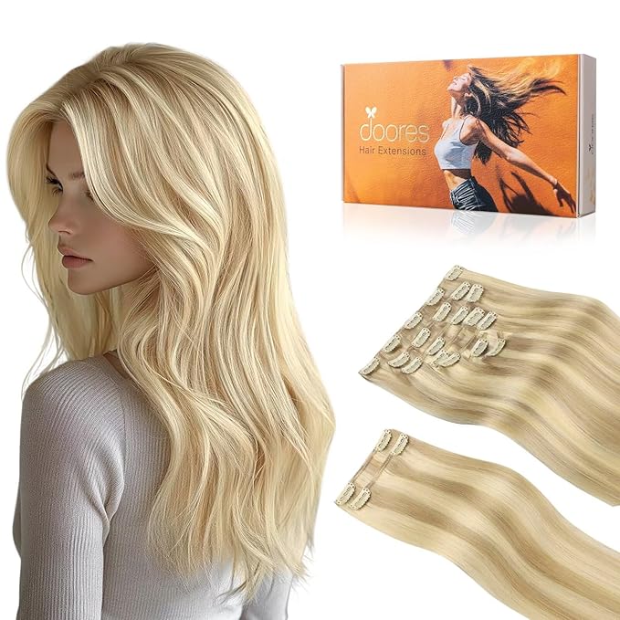 DOORES Hair Extensions Clip in Human Hair, Dirty Blonde Highlight Golden Blonde 150g 9pcs 20 Inch, Remy Hair Extensions Clip in Real Human Hair Extensions Clip in Straight Natural Hair Extensions