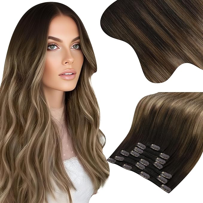 Moresoo Real Hair Extensions Clip in Human Hair Balayage Dark Brown to Ash Blonde with Dark Blonde Ombre Human Hair Clip in Extensions Double Weft 7pcs/150g 24inch