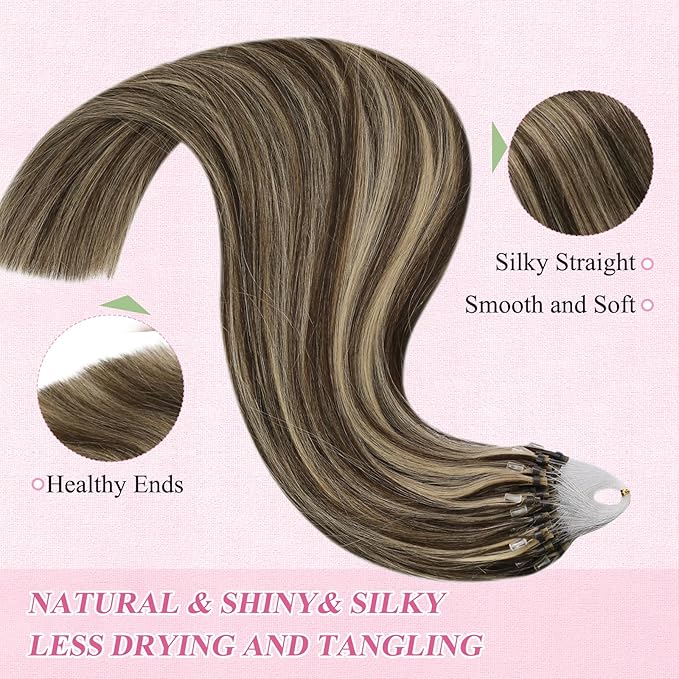 YoungSee Micro Bead Hair Extensions Real Human Hair Highlight Microlink Hair Extensions Dark Brown and Blonde Highlight Micro Loop Hair Extension Human Hair 20In 50g 50s Cold Fusion Hair Extension