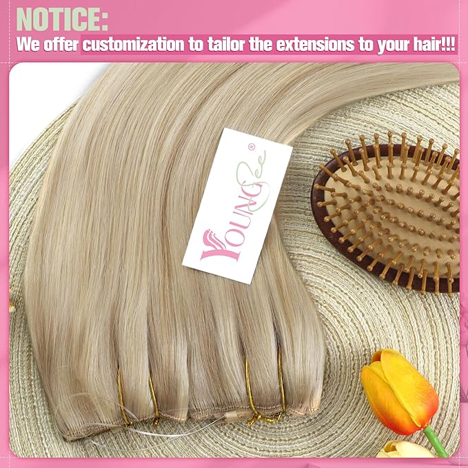 YoungSee Wire Hair Extensions Blonde Highlight Invisible Wire Hair Extensions Real Human Hair Ash Blonde Mix Bleach Blond One Piece Hair Extensions for Women 80G 16inch