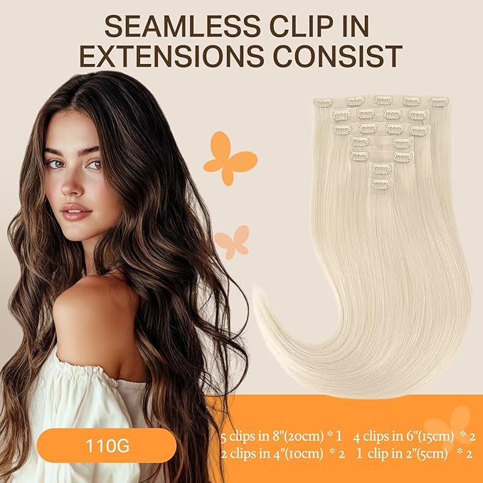 DOORES Hair Extensions Real Human Hair, Platinum Blonde 14 Inch 7pcs 110g, Seamless Clip in Hair Extensions Human Hair Extensions Remy Straight Hair Extensions Clip Invisi Edge Hair Extensions