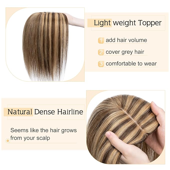 SEGO Human Hair Toppers for Women With Thinning Hair, 7 * 13CM Silk Base 100% Real Human Hair Clip in Top Wiglet Hairpieces /16 Inch No Bangs Medium Brown&Dark Blonde