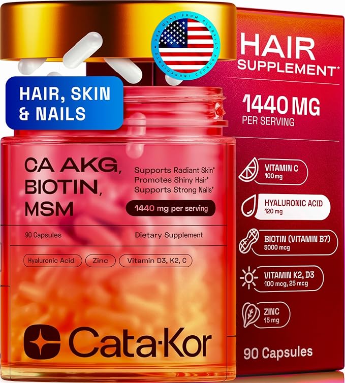 Hair Skin and Nails Supplement with Ca AKG | MSM | Hyaluronic Acid | Biotin | Vitamin C & Vitamin D3 K2 – Supports Radiant Skin, Promotes Shiny Hair & Strong Nails – 90 Capsules (1 Pack)