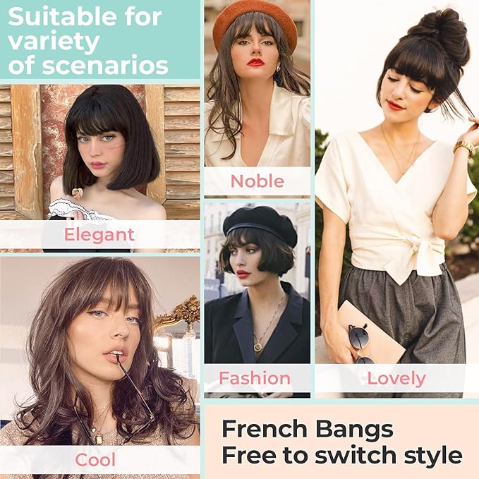 Clip in Bangs, Synthetic French Bangs Hair Clip, Fake Bangs Fringe with Temples Hairpieces for Women Natural Curved Hair Extensions for Daily Wear Copper Red