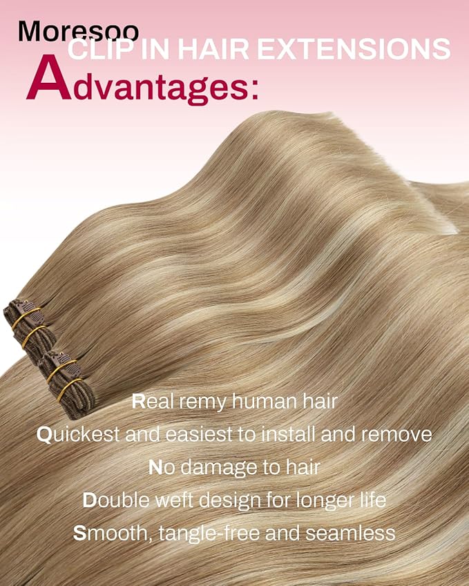 Moresoo Clip in Hair Extensions Ombre Light Brown Mixed with Golden Blonde Hair Extensions Real Human Hair Clip ins Balayage Double Weft 7pcs/135g 18inch