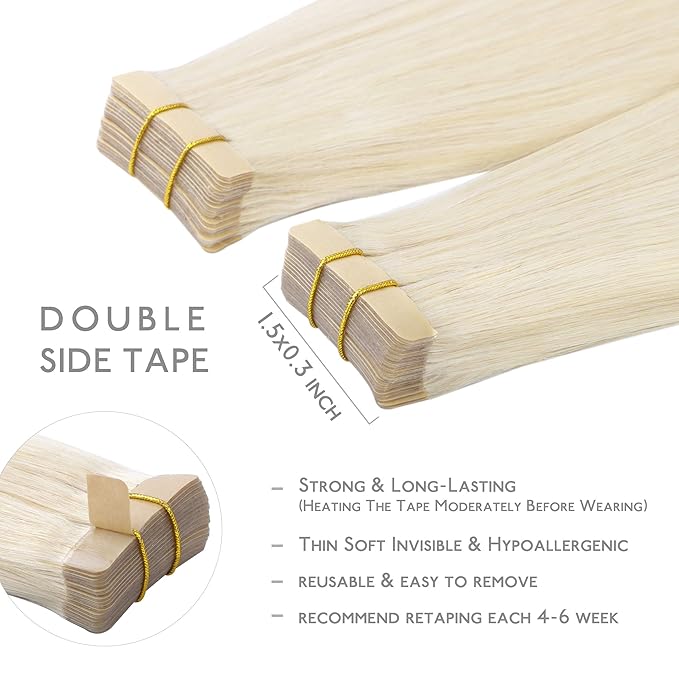 WENNALIFE Tape in Hair Extensions Human Hair, 20pcs 40g 12 inch Platinum Blonde Remy Hair Extensions for Women Tape Ins Straight Extensiones De Cabello Humano Skin Weft