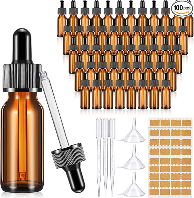 Lallisa 100 Pack Essential Oil Dropper Bottle 15 ml (1/2 oz) Glass Dropper Bottles DIY for DIY Essential Oil Perfume with 5 Funnels 5 Pipettes 3ml 100 Labels for Bathrooms, Hotels, Labs (Amber)