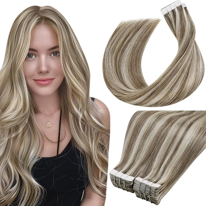 LaaVoo Tape in Hair Extensions Real Human Hair Tape Hair Extensions Light Brown Highlights with Platinum Blonde 24 Inch 40pcs 100g