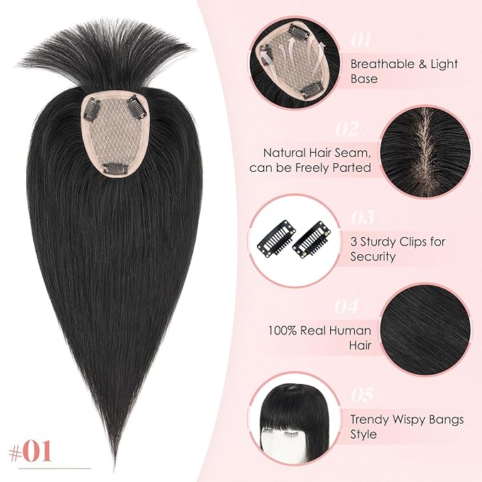 Hairro Human Hair Toppers with Wispy Bangs, 3.5x4.7" Hand-wovened Base for Women with Thinning Hair, Lightweight & Breathable Realistic Scalp, Clip-in Hairpieces for Easy Wear, 12 Inch Jet Black