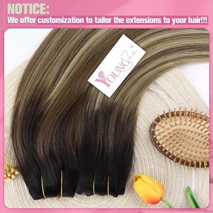 YoungSee Invisible Wire Hair Extensions Balayage Wire Human Hair Extension Dark Brown Ombre Medium Brown with Blonde Easy to Put in Headband Hair Extensions 16In 80G