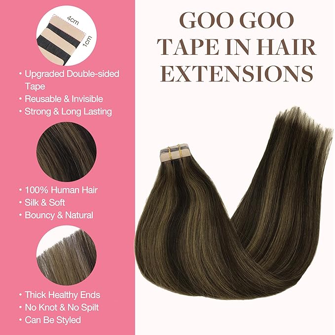 GOO GOO Tape in Hair Extensions Human Hair, 2/6 Dark Brown Highlighted Chestnut Brown, 24inch 30g 10pcs, Skin Weft Seamless Invisible, Silky Straight with Thick Ends, Remy Human Hair