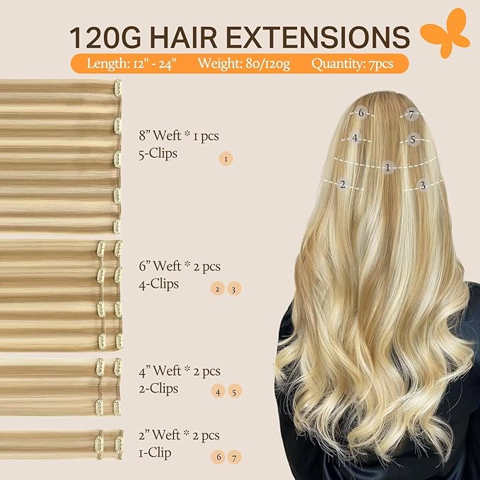 DOORES Clip-in Hair Extensions - Real Human Hair, Dark Blonde Highlighted Bleach Blonde 80g, 12 Inch, 7pcs Straight Natural Clip-ins