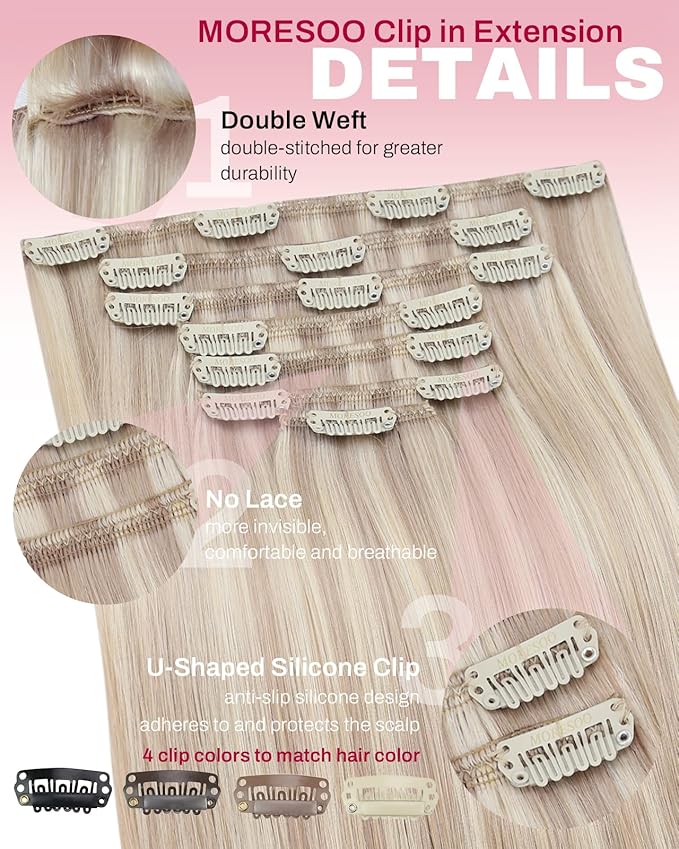Moresoo Clip in Hair Extensions Blonde Highlights Ash Blonde with Bleach Blond Human Hair Clip in Extensions Straight Double Weft 120g/7pcs 20 inch