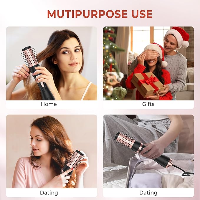 2 in 1 Rotating Hair Dryer Brush, Thermal Blow Brush Set Auto Rotating 360° Drying, Oval Volumizer Detachable Heated Hot Air Brush for Curling Volumizing & Drying Hair (Black)