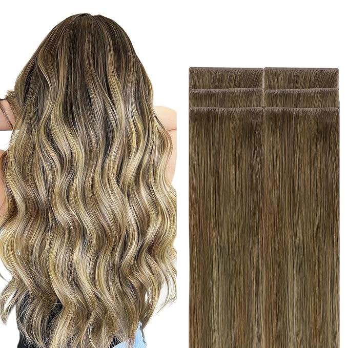 GOO GOO Invisi Edge Tape in Hair Extensions Human Hair, 3/8/613 Balayage Walnut Brown to Ash Brown and Bleach Blonde, 6pcs 16inch 15g, Virgin Remy Hair, Seamless Injected Tape, Natural Look