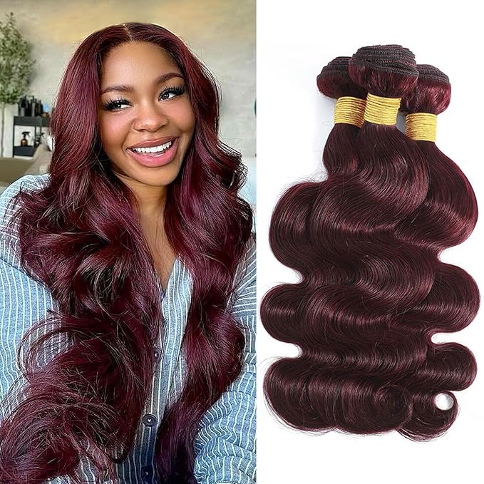 99J Human Hair Bundles Body Wave Burgundy Dark Red Wine Color Body Wave Bundles 18 20 22 Inch 3 Pcs/Pack 100% Real Human Hair And True To Length