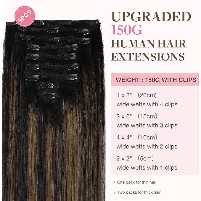 GOO GOO Clip in Hair Extensions Real Human Hair, Remy Human Hair Extensions Clip ins for Women, Natural Human Hair, 24inch 150g 9Pcs, #1B/6/1B Balayage Natural Black to Chestnut Brown