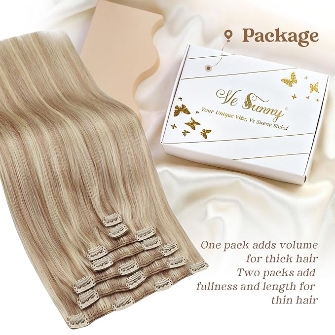 Ve Sunny 24 inch Hair Extensions Clip in Lightest Brown mit Platinum Blonde Clip in Hair Extensions Real Human Hair Remy Hair Extensions Clip ins for Women 120g